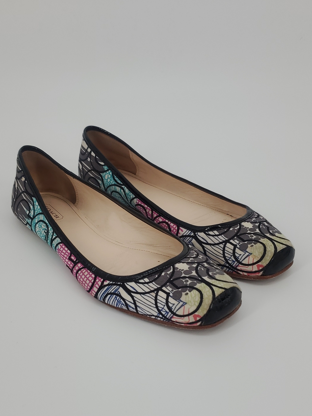 Coach Multicolored "C" Abstract Patent Toe Flat Shoes Womens Size 9.5